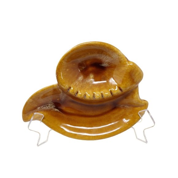 Vintage Pair of Uniquely Shaped MCM Marcia Pottery Harvest Gold & Brown Ashtrays - Picture 2 of 8